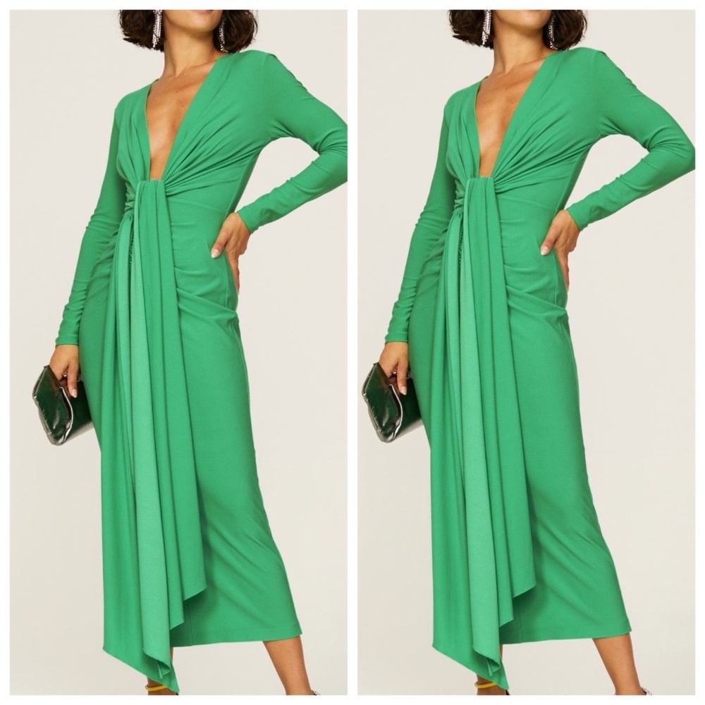 Solace London Lorena Midi Dress Green Long Sleeve Twist - Size US 4
